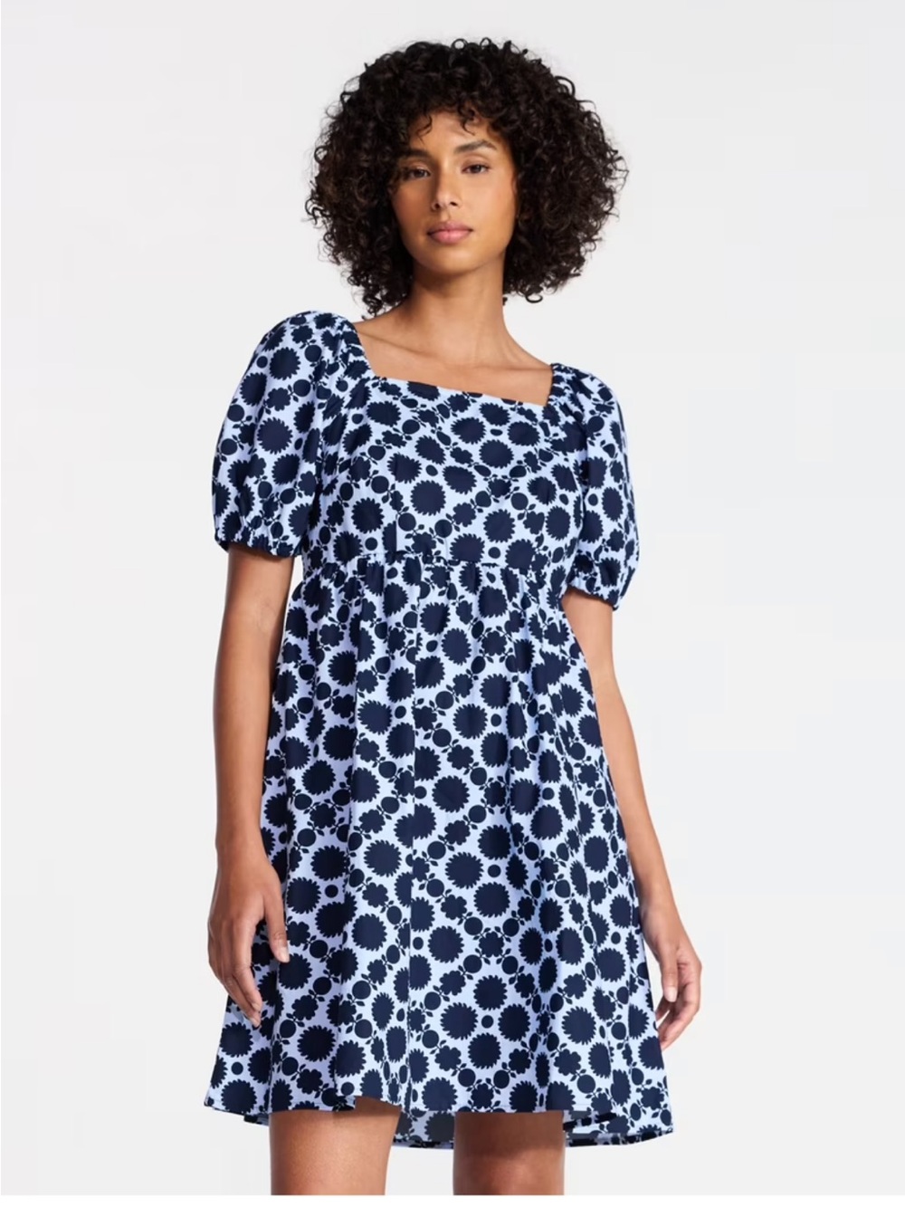 Time and Tru Navy and White Puff Sleeve Square Neck Midi Dress